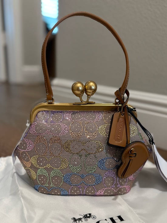 Coach Crystal Rainbow Signature Kisslock Bag with Tan Leather and Brass Hardware - Picture 5 of 15